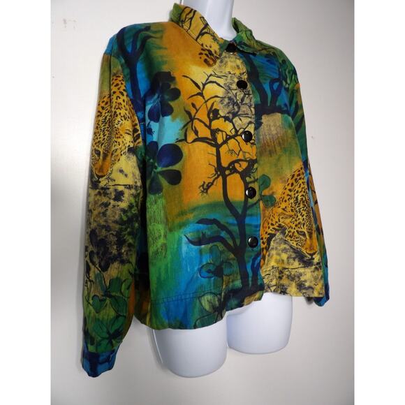 Kaktus USA Linen Top Blouse Button up Cheetah Animal Africa Trees Art to Wear Co - Picture 2 of 15
